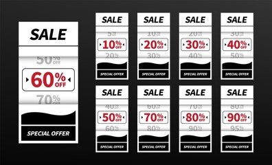 Sale tags banners. Concept design elements for use in advertising, web, print design and marketing. Trendy discount banners or badges template, up to 10, 20, 30, 40, 50, 60, 70, 80, 90 percent off.