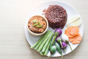 Thai food. Shrimp paste sauce with rice berry and fresh vegetable ( healthy food )
