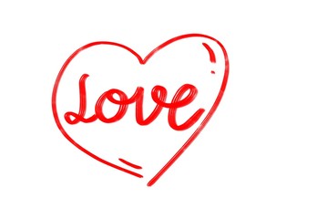 Hand drawing. Symbol red heart and word "Love" isolated on white background. Can be use decorate for any icon, sticker, advertising, card, brochure, paper, print or web. Copy space.