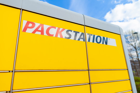 NUREMBERG / GERMANY - APRIL 7, 2019: DHL Packstation stands on a street in Nuremberg. Packstation means packing station.