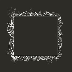 Happy Easter watercolor background, frame with eggs, leaves and snowdrops on an gray background. Holiday concept. Copy space.