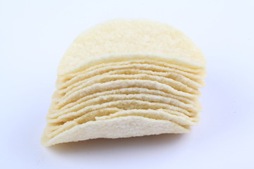 Potato Chips closeup, isolated on a white background