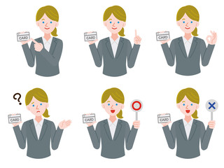 Fototapeta premium 会社員 白人 女性 カードを持つ シンプルイラスト 線なし セット 