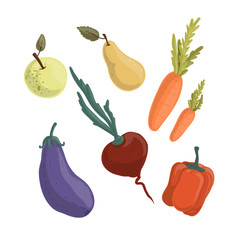 Set of autumn vegetables drawn in cartoon style, harvest time, healthy eating concept.