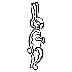 Black and white patterned doodle of a rabbit standing on its hind legs. Cute freehand drawing for kids coloring. Vector.