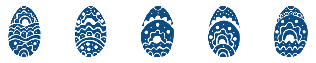 Set of five patterned easter eggs in classic blue color on a white background. Vector.
