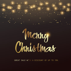 Merry Christmas discount card with Xmas ornaments. Vector