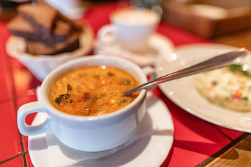 Traditional in Russian cuisine soup rassolnik