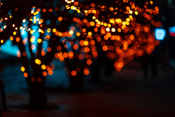 Colorful lights on the trees at  illuminated city street, unfocused background of night city with...