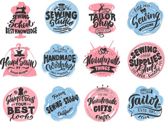 Tailor, sewing, handmade logo, phrases, stamp. Vector illustration. Handwritten lettering composition for shop, labels, badges, stickers, postcard, etc. Calligraphy, typography with textured effect