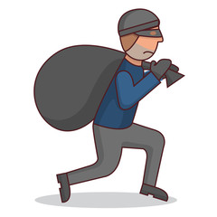 Criminal with stolen.Thief with a bag.Cartoon character.Masked bandit running.Flat vector illustration.