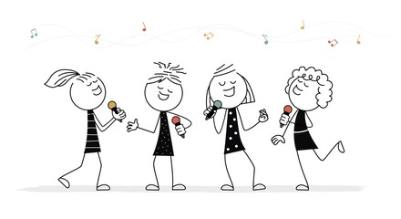 Doodle stick figure: Little people with microphones. Girls singing.