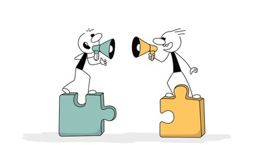 Doodle stick figure: people with puzzles, speaker.