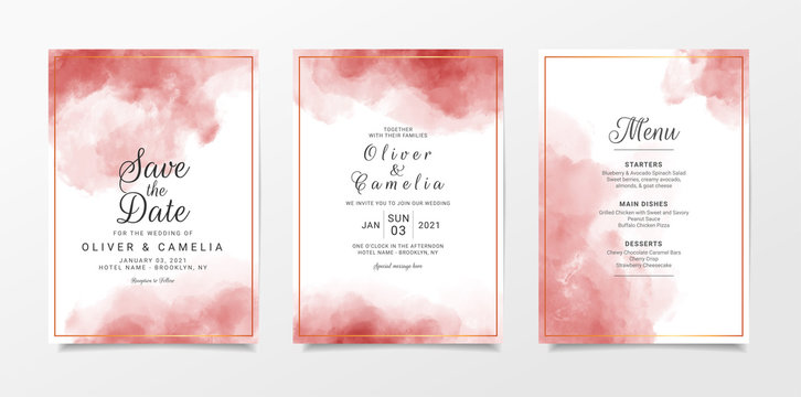 Elegant Red Watercolor Wedding Invitation Card Template Set. Fluid Splash Background Save The Date, Invitation, Greeting Card, Cover Vector