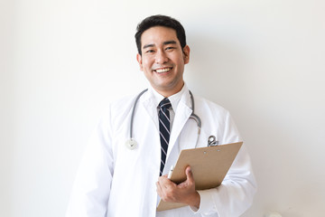 Asian man in Doctor uniform on white background in hospital - Powered by Adobe