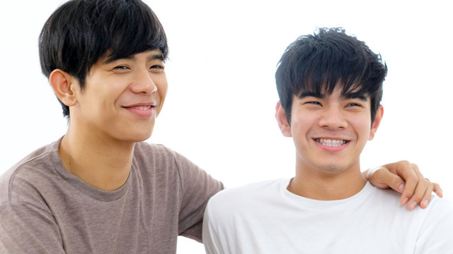 Close up of young asian homosexual gay man couple in happy moment, Happy asia lgbt boy friend smiling together, People diversity love lifestyle, LGBTQ pride concept
