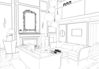 interior contour visualization, 3D illustration, sketch, outline