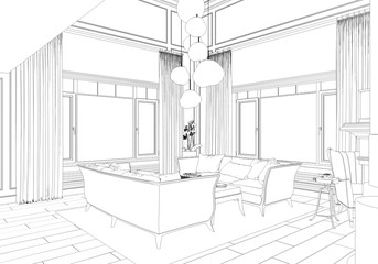 interior contour visualization, 3D illustration, sketch, outline