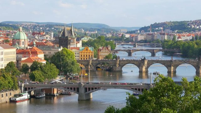 prague view, bridges over danube river, czech republic, 4k