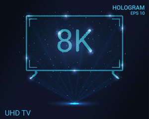 Hologram TV. Holographic projection TV 8K. Flickering energy flux of particles. The scientific design of ultra high definition.
