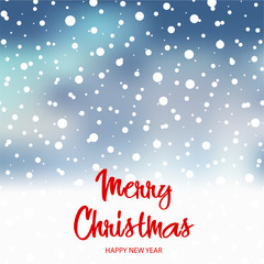 Christmas background with falling snowflakes on blue sky. Vector.