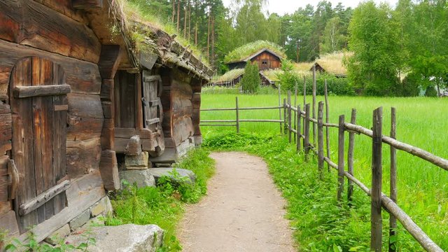 farm with beautiful norwagian village green grass rooftop, norway, 4k