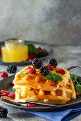 Summer dessert or breakfast. Homemade Belgian waffles with berries and honey on a stone countertop. Copy space.