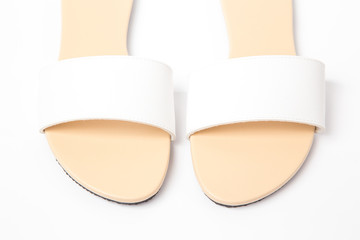 Leather slippers women white, isolate on white background.