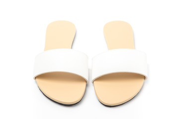 Leather slippers women white, isolate on white background.