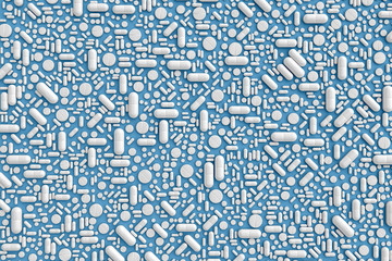 A pattern of many pills scattered on a colored background evenly at different angles. 3D illustration