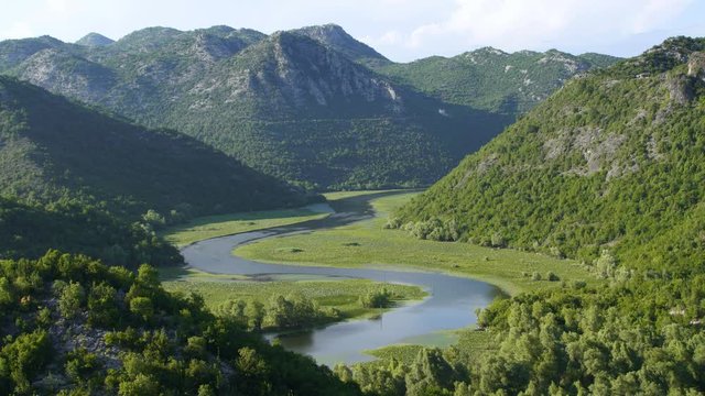 Skadar lake river curved on valley, virpazar national park, Montenegro