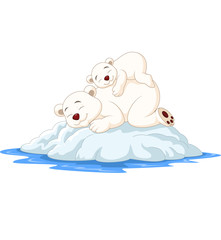 Cartoon mother and baby polar bear sleeping on ice floe
