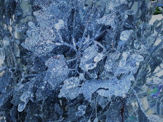 close-up of abstract decorative background of snowy tree branches with blur / bokeh effect