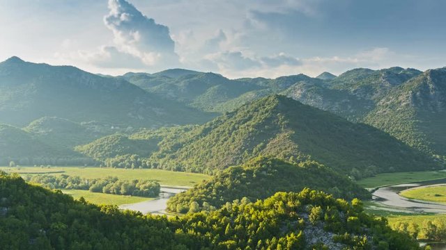 Skadar lake river curved on valley, virpazar national park, Montenegro