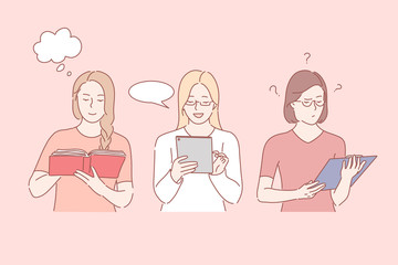 Paper and online documents, information sources, different emotions concept. Book reading, writing message, project work, women with print editions and electronic device. Simple flat vector