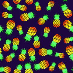 Pineapples - seamless pattern. Colorful multi-colored funny pineapples on dark purple background. Vector isolate cheerful cartoon drawing.
