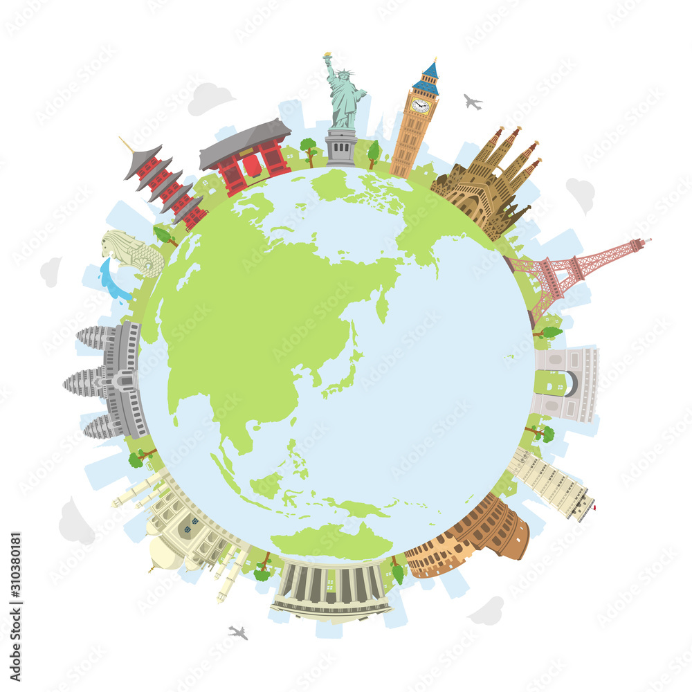 Wall mural world travel circular vector illustration ( world famous buildings / world heritage ) / earth