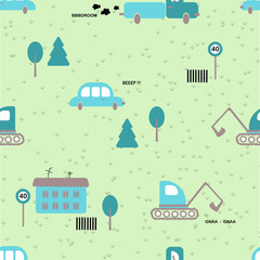  Seamless pattern: transport, houses, trees in the city in blue on green grass. Can be used for fabric and wallpaper. flat vector. illustration.