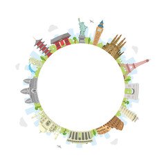 Image of world travel circular vector illustration ( world famous buildings / world heritage ) / Blank text space in the center printed on Printed Glass Splashbacks