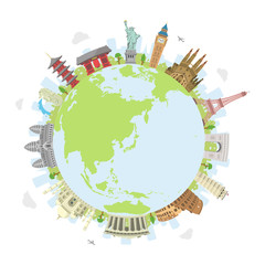 Image of world travel circular vector illustration ( world famous buildings / world heritage ) / earth printed on Printed Glass Basin Splashbacks