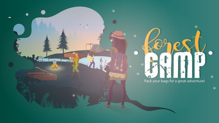 Banner of the forest camp. Outdoor illustration Rest in the forest. Early morning in the forest with tents. Camping banner.