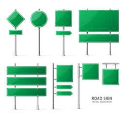 Fototapeta premium Realistic Detailed 3d Green Blank Road Sign Template Mockup Set. Vector