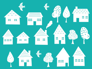 Icon set of houses, trees and birds