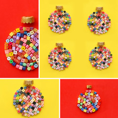 Christmas Bauble made of decoration elements. Collage of four images. Flat lay. Contemporary design. Contemporary art. Creative conceptual and colorful collage.