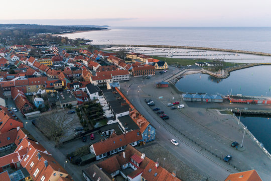 Aerial view of town on sea coast