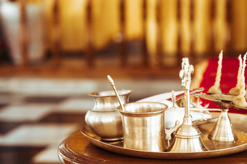 objects for worship the Deities in the Indian culture called Arati Paraphernalia. indian puja plate. Indian culture and religion.