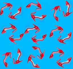 Summer Sandals pattern on blue background top view, flat lay, fashion, minimalism concept. Top view.