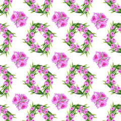 Pattern of pink flowers with green leaves on a white background