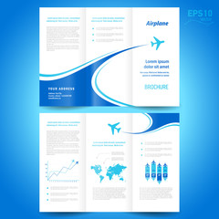 Brochure design template tri-fold airplane flight line takeoff white background
