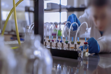 Abstract, blurry, bokeh background, image for the background. Medicine, pharmacy, public health and the concept of pharmacy and the manufacture, laboratory science.